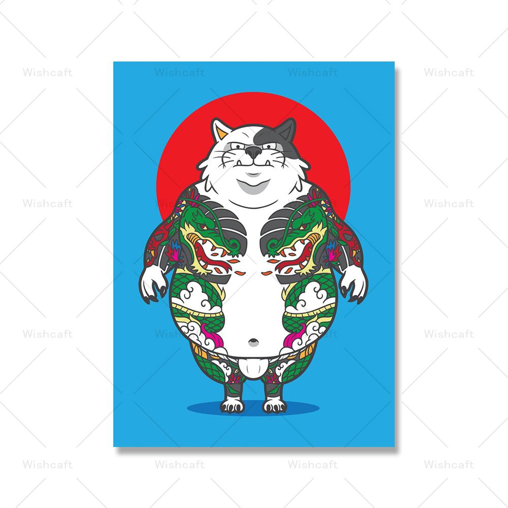 Grim Tattoo Cat on Red Sun Canvas Painting Funny Cute Cat Samurai Poster Print Kids Bed Home Room Wall Art Decoration Pictures