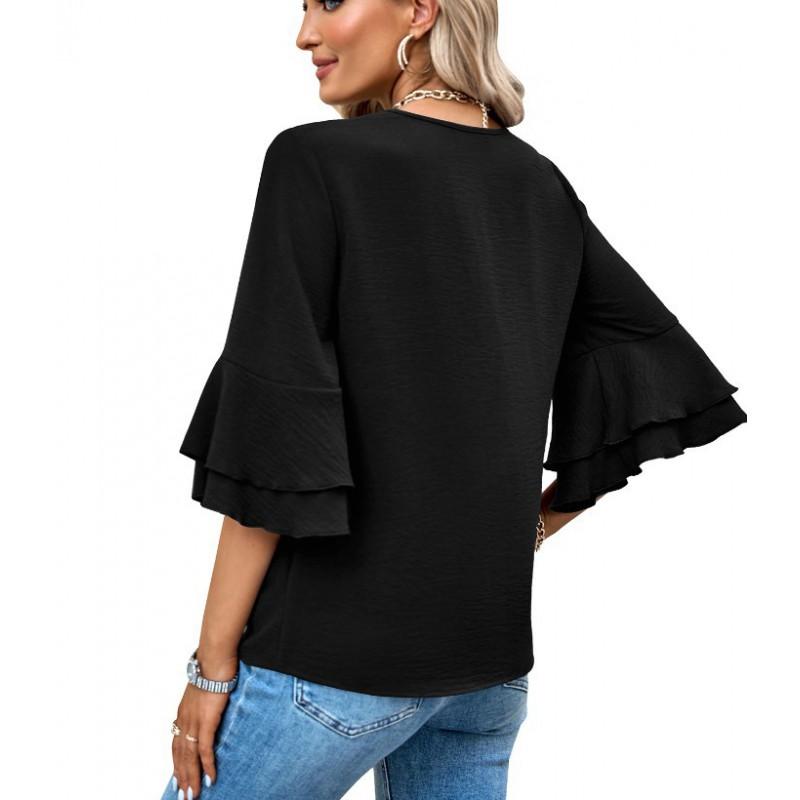 Womens Loose V-Neck Ruffle Sleeve Casual Top - Solid Color Breathable Stretch Fabric Short Blouse Daily Wear