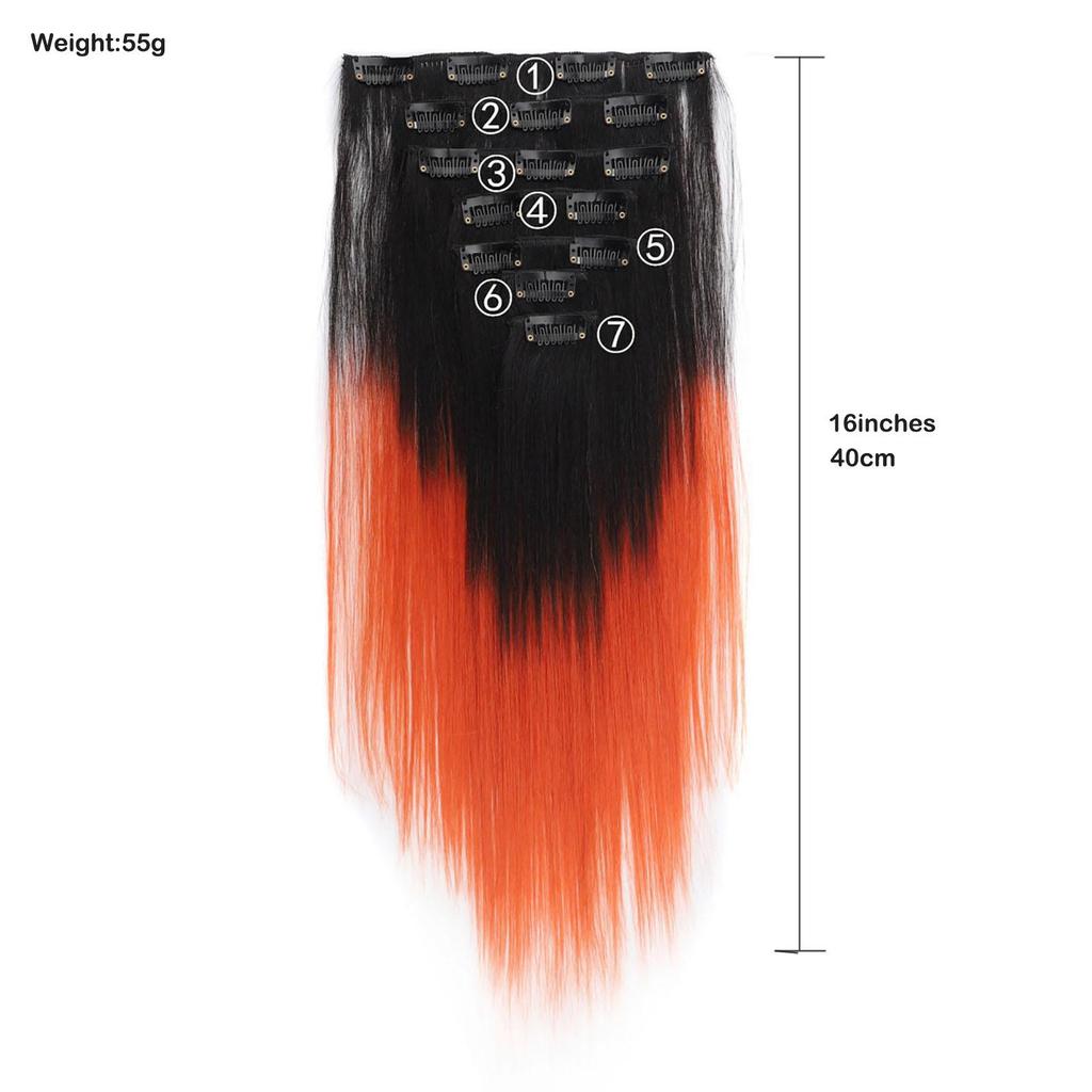 Extensii de Păr cu Clips 7 Bucăți cu 16 Clipsuri Păr Scurt Drept Piese de Păr Culoare Ombre Negru Portocaliu