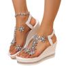 Rhinestone wedge sandals summer rhinestone flower decoration platform high heel large size fairy muffin shoes