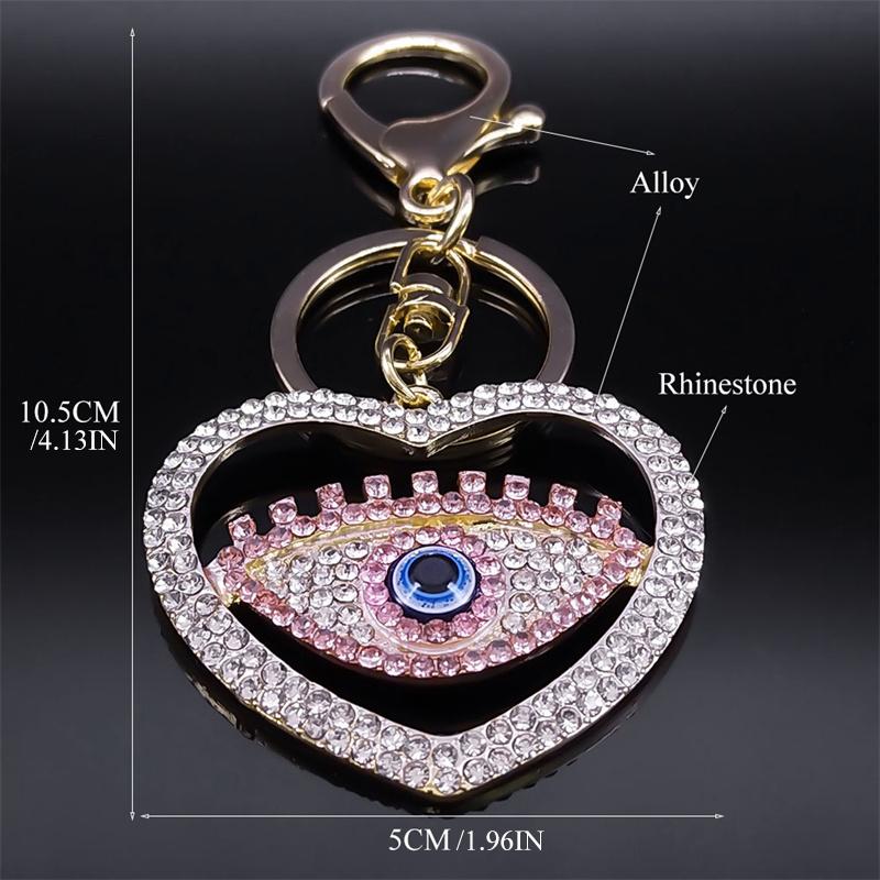 Sweet Pink Crystal Love Heart Evil Blue Eye Key Chain for Women Men Alloy Gold Color Turkish Eyes Hollow Keyring Jewelry Gifts