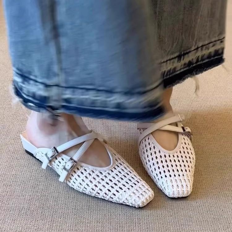 Simple Square Head Woven Hollow Wedge Heel Sandals Women's 2025 Summer Versatile Outer Wear Cross Buckle Bag Head Slippers Women