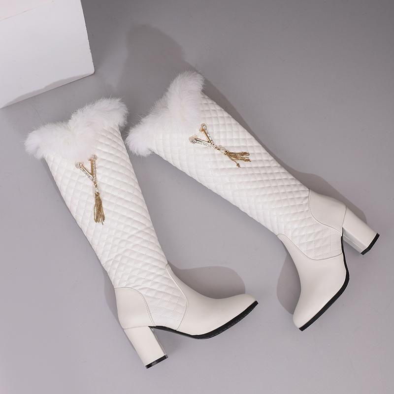 Women's High-heeled Boots Autumn and Winter Xiaoxiangfeng Thick-heeled Large-size Rabbit Fur Medium Boots