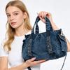 Vintage Washed Denim Tote Bag with Studded Rivets - Large Capacity Shoulder Handbag for Women, Casual Travel & Daily Use