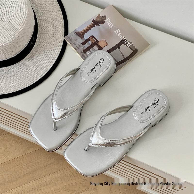 Elegant Retro Silver Platform Wedge Thong Sandals - Trendy Summer Flip-Flops for Women