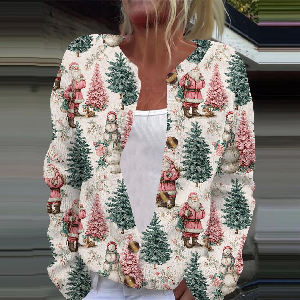 Damenmode, weihnachtlich bedruckt, langärmelig, Strickjacke, Button-Down-Jacke
