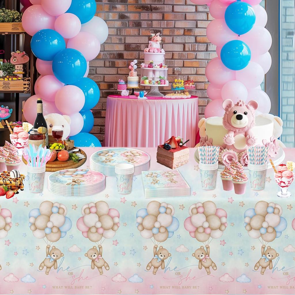 Bear Gender Reveal Decorations Tablecloth for He Or She - Disposable Bear Boy Or Girl Gender Reveal Supplies Tablecover - 3 Pack (54in x 108in)