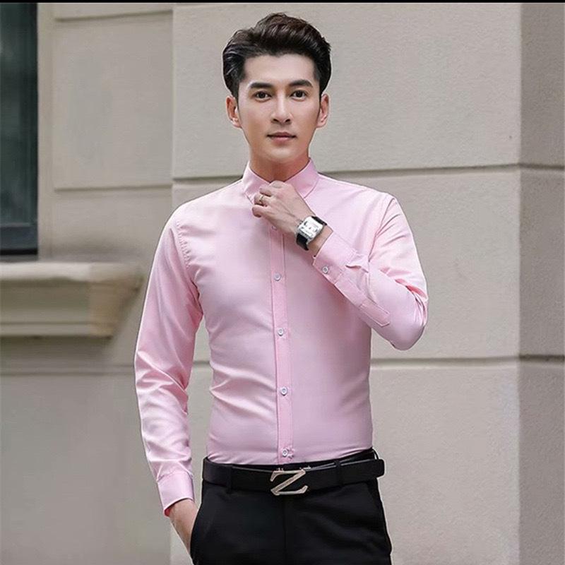Cămașă Casual de Afaceri pentru Bărbați, Slim Fit, Mânecă Lungă, Culoare Solidă - Stil Coreean, Fără Riduri, Alb