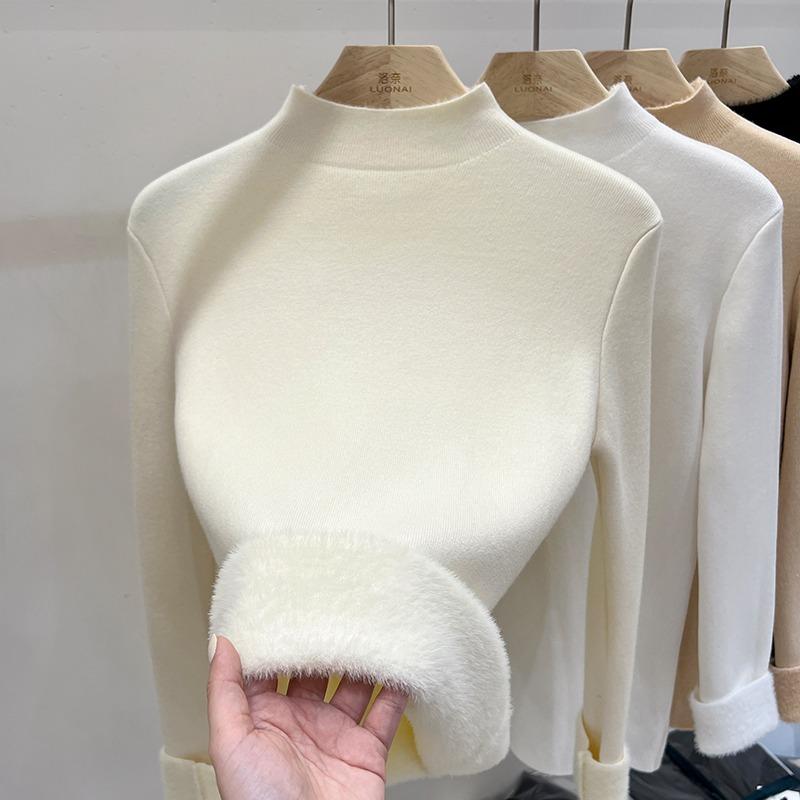 Autumn Half High Collar Slim Fit Warm Knitted Sweater Women Fashion Winter Thick Velvet Base Pullover Sweaters for Women Casual Plush Knitwears 24886