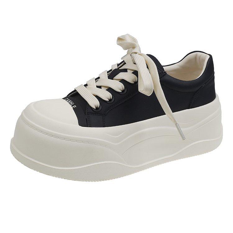 Britischer Stil Leder Dicksohlige Lässige Kleine Weiße Schuhe Damen 2025 Frühling Neu Runde Zehen Schnürschuh Vielseitig Weiche Sohle Erhöhende Board Schuhe