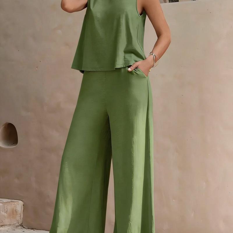 New Women's Sleeveless Vest And Trousers Two Piece Set Fashion Solid Color Two Piece Round Neck Top Pants Suit Casual Set