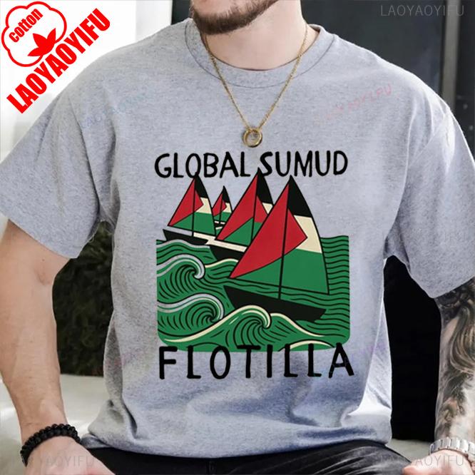 Frieden Global Sumud Flotte Unisex Lässiges Bedrucktes T-Shirt Rundhalsausschnitt Kurze Ärmel Baumwolle Oberteil Alle Jahreszeiten Mode Weiches Kurzarml
