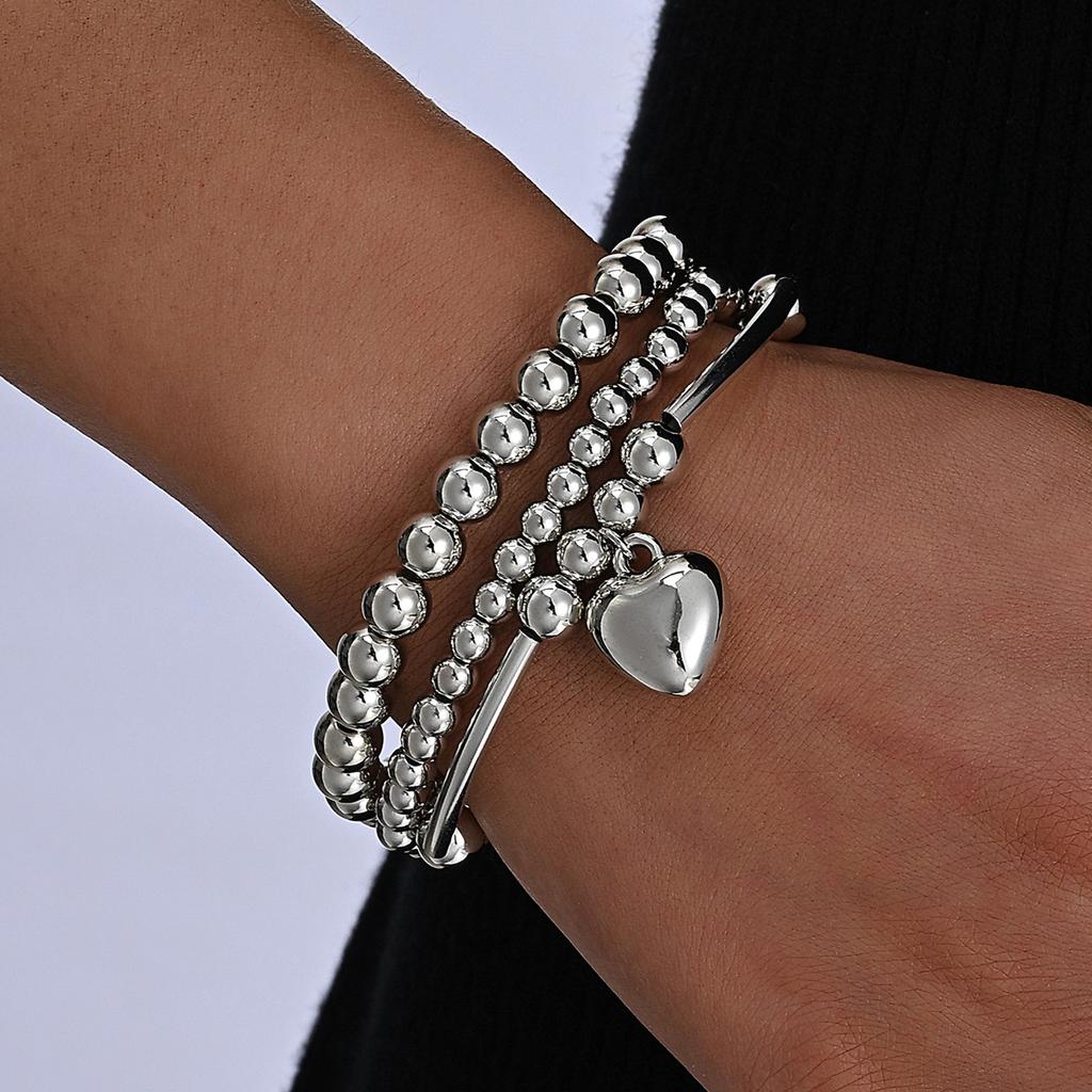 3 Pcs/Set Fashion Heart Pendant Bracelets Set for Women Vintage Simple Silver Color Ball Beaded Bracelets Bangles Jewelry Gifts