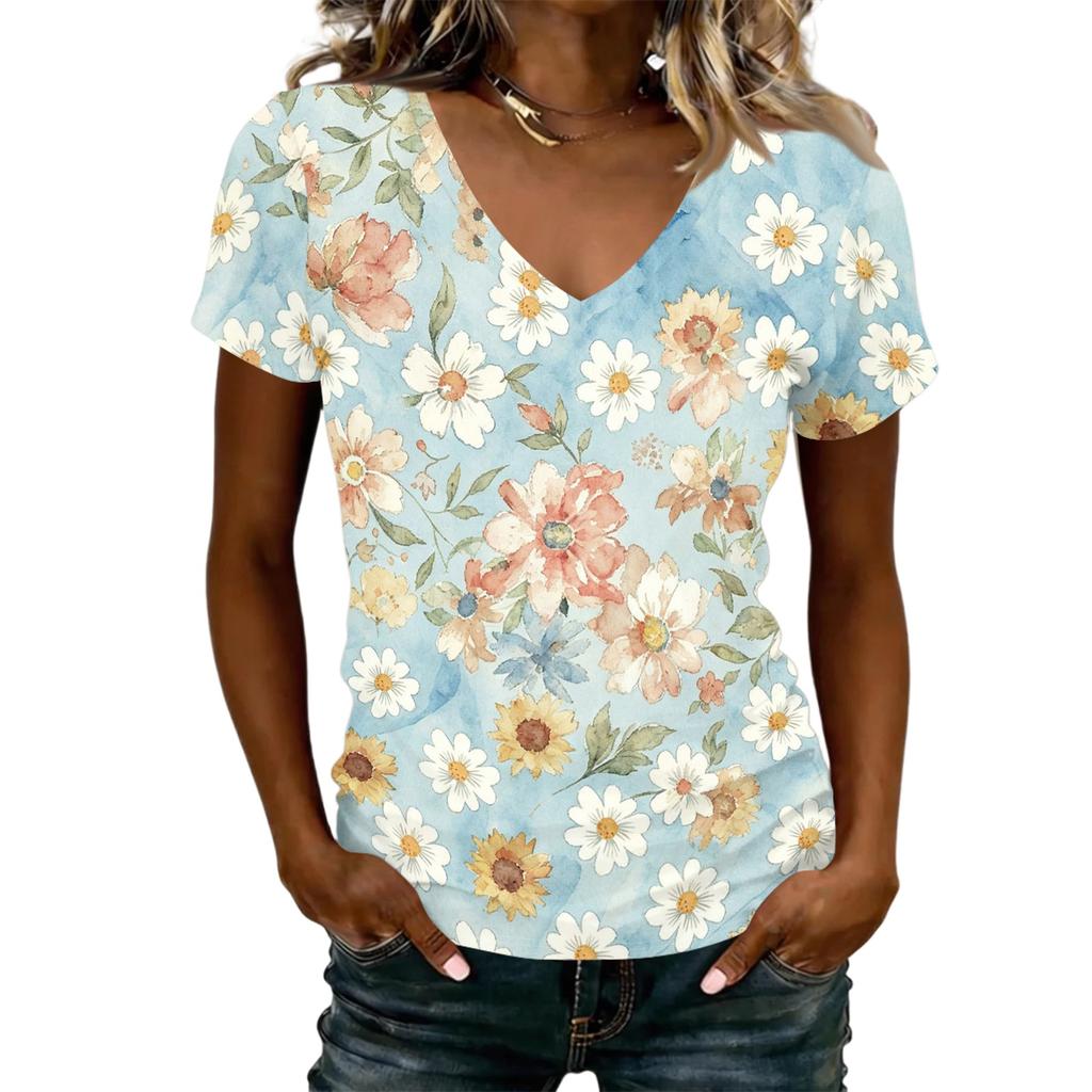 Women Casual V Neck Short Sleeve Floral Print T Shirt Lightweight Soft Fabric Summer Top for Everyday Wear
