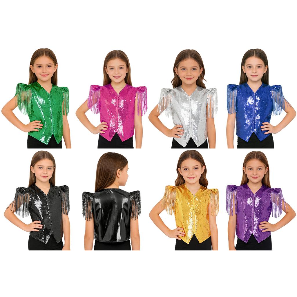 Boys Sequined Patchwork Vest Tassels Cap Sleeves V Neckline Stage Performance Waistcoat