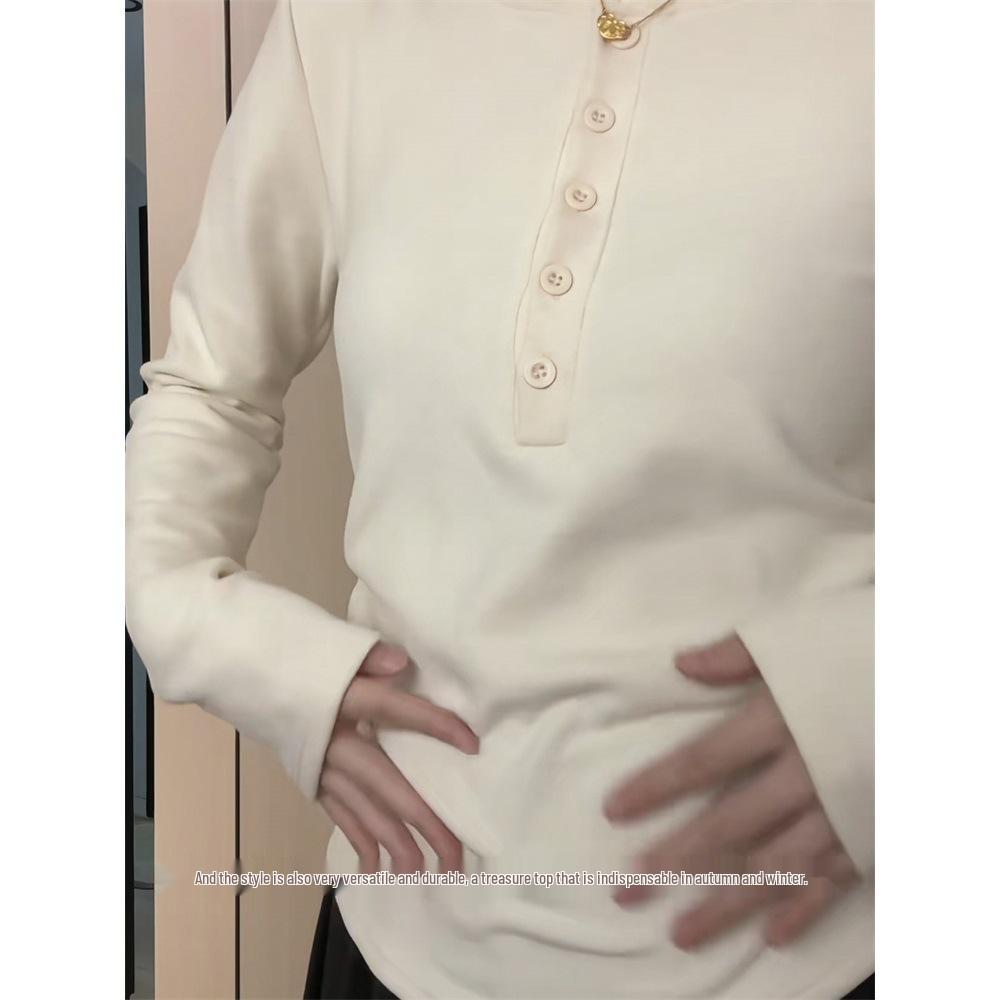 American Hot Girl Buttoned Fleece Long Sleeve Round Neck Slim Fit Women's Winter Top