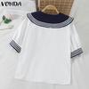 VONDA Women Naval Collar Bow Knot Short Sleeve Striped Buttons Up Blouse College Style