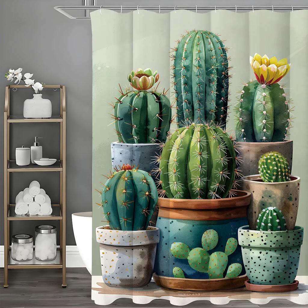 Green Cactus Potted Shower Curtain, Bathroom Decorative Shower Curtain, Waterproof Shower Curtain with Hooks