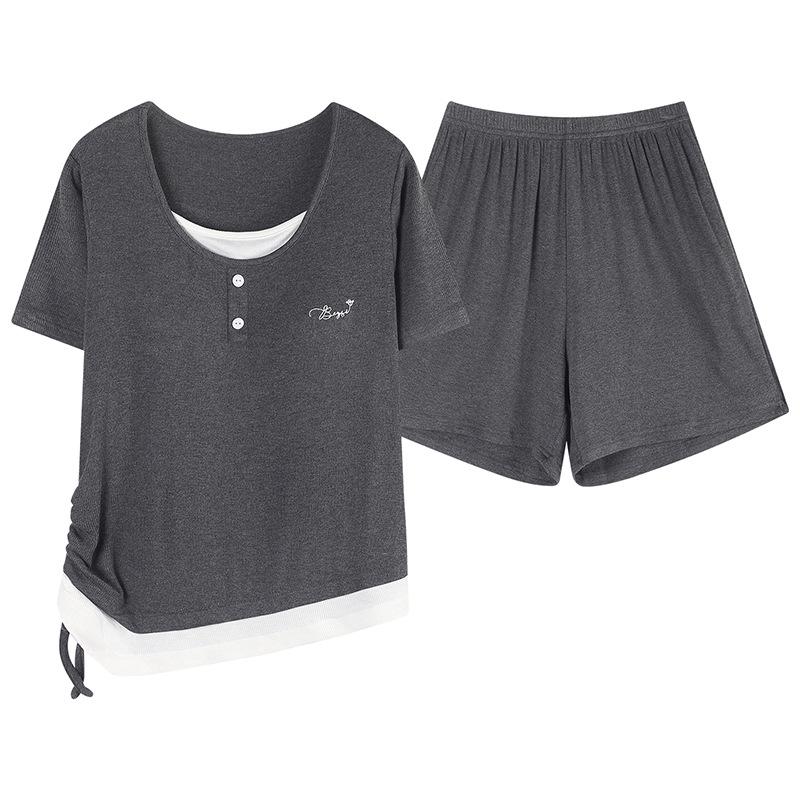 Ice Silk Ribbed Women's Sleepwear Set with Chest Pads – Short Sleeve & Shorts, Casual Wear, Indoor/Outdoor Comfort
