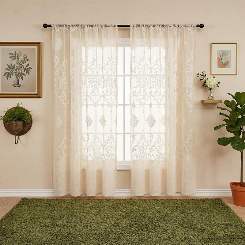 Sheer Lace Curtains for Bedroom Ivory Elegant Grommet Curtains Scalloped Edges Floral Kitchen Window Curtains  Panels Drape Soft