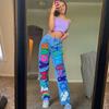 Trendy High-Waisted Loose Fit Printed Graffiti Women's Straight-Leg Jeans, Rainbow Denim Pants Loose Graffiti Printed
