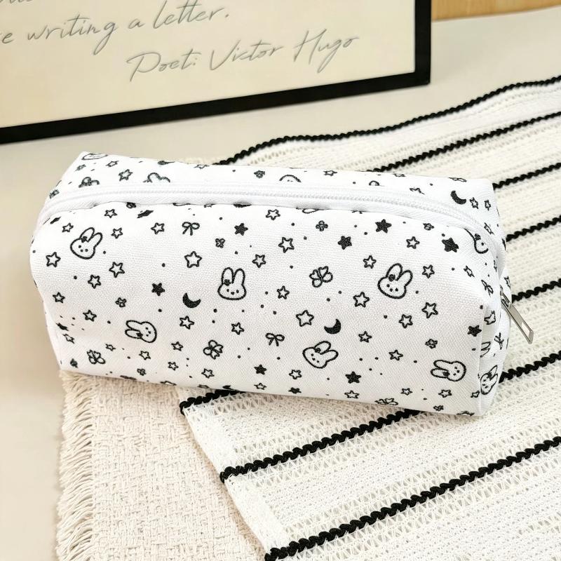 Canvas Pencil Case Polka Dot Bow Cat Star Print Sturdy Zipper Perfect For Students Daily Stationery Storage