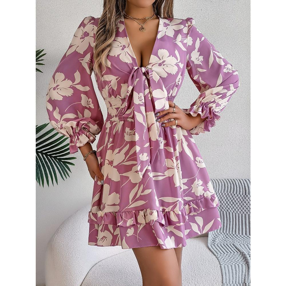 Women's Casual Floral Long Sleeve Wooden Earring A-line Dress Sexy Women's Floral Dresses