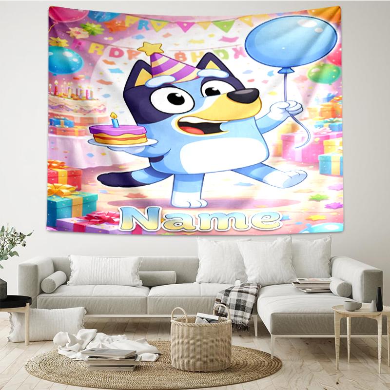 Custom Name Bluey Print Tapestry, Backdrop, Easy Setup, Ideal for Bedroom, Office & Living Room, with Aesthetic Wall Hanging Decor.