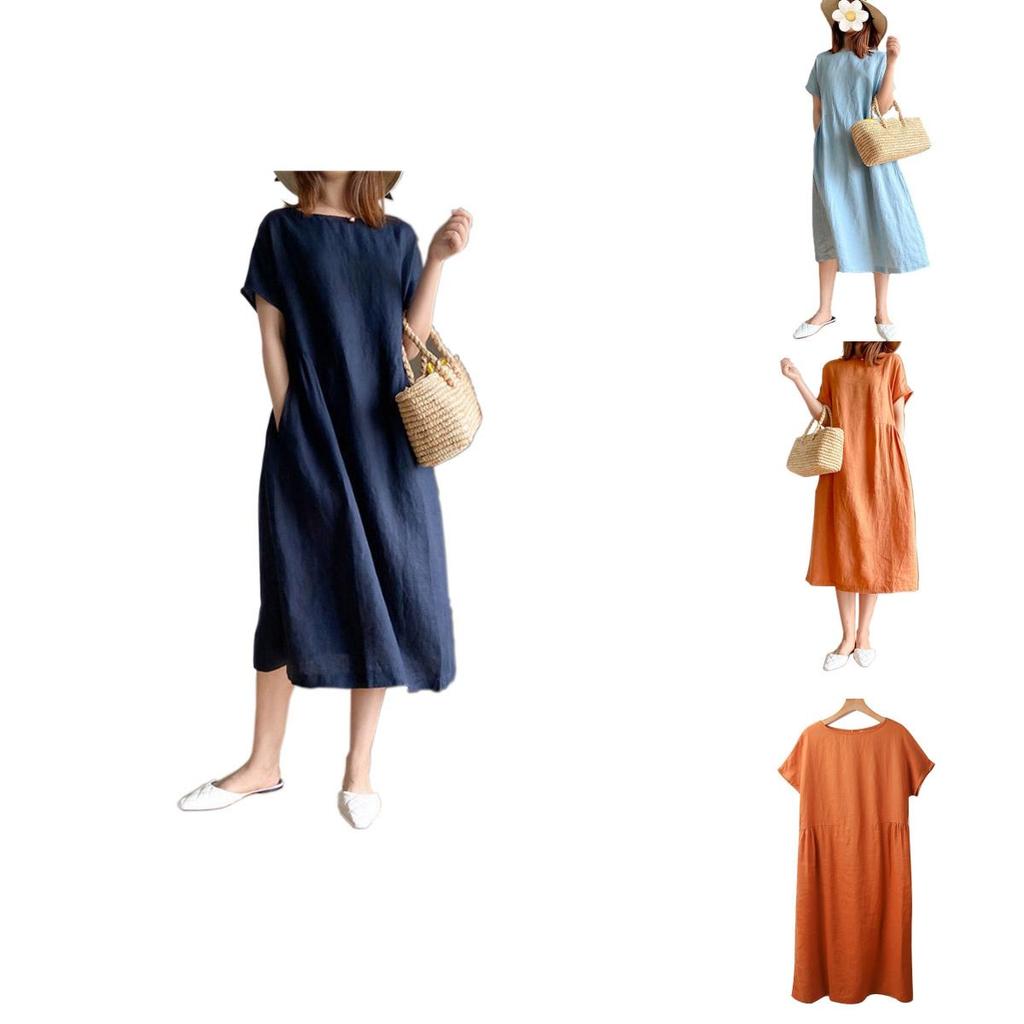 Luxurious Cotton Loose And Thin Dress For Women With Short Sleeves And Round Neck
