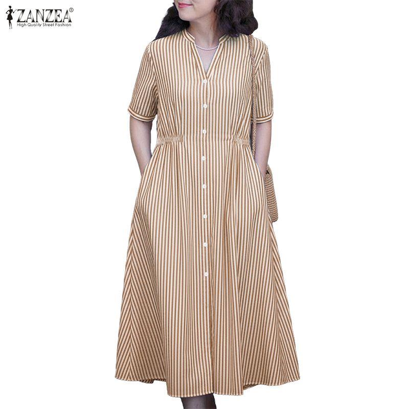 ZANZEA Women Casual V-Neck Short Sleeve Loose Stripe Dress