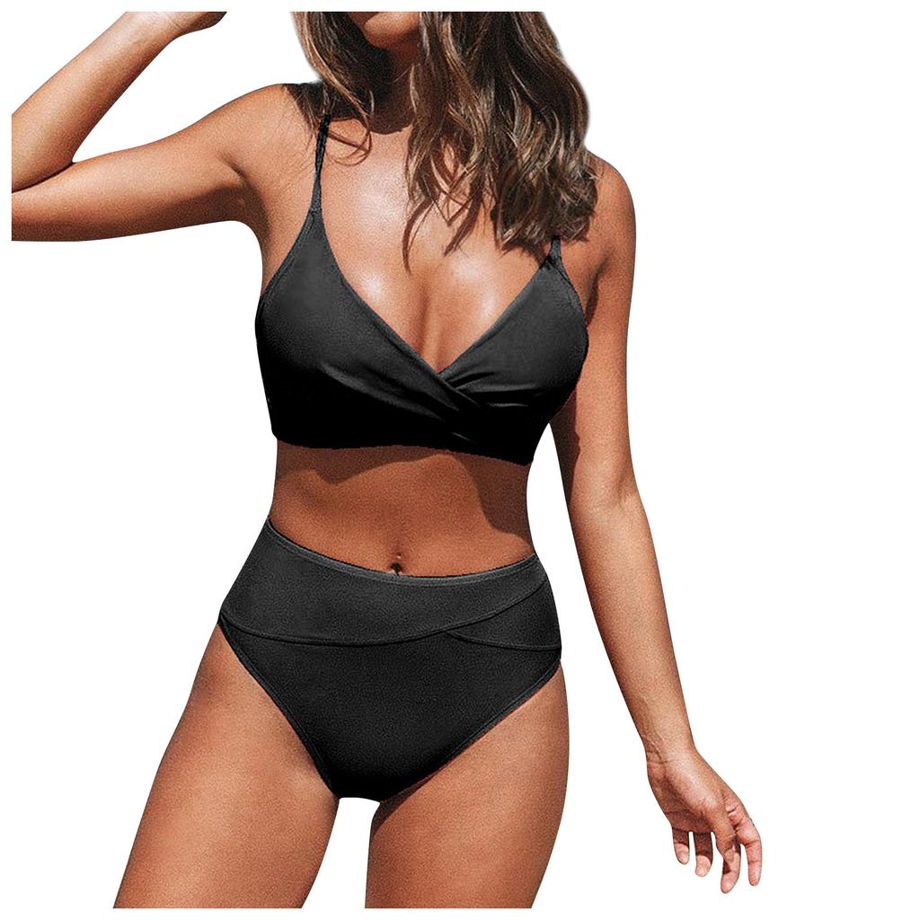 Women's Solid Color High Waist Cross Swimsuit Sexy Casual Split Swimsuit