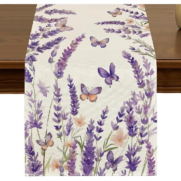 Spring Summer Lavender Tulip Table Runner 13x72 Inch Seasonal Floral Kitchen Dining Table Decor for Indoor Outdoor Farmhouse Home Anniversary Party