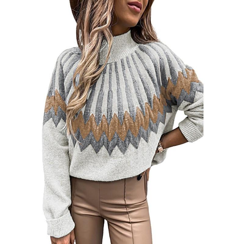 Womens Winter Loose Fit High Neck Long Sleeve Knit Sweater With Print Casual Elegant Style