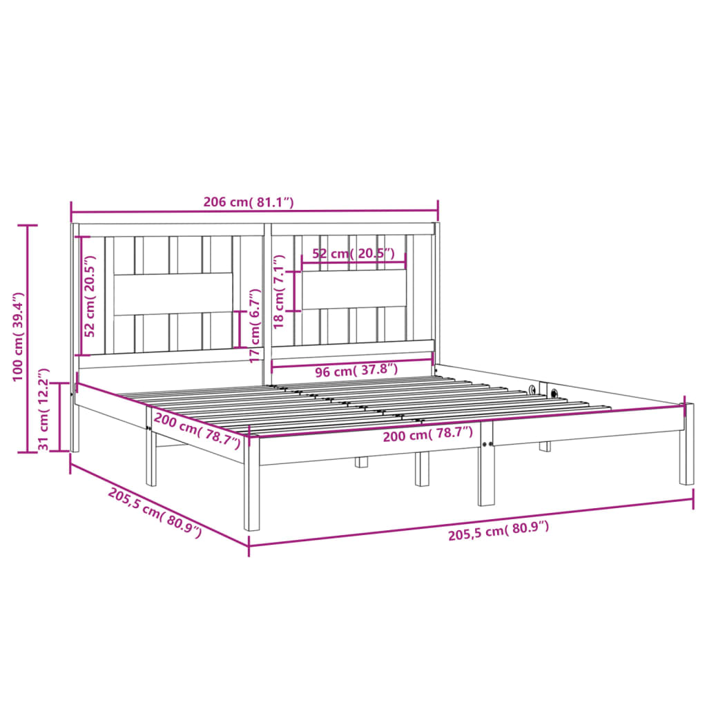 Solid Wood Bed Gray Pine 200x200 cm