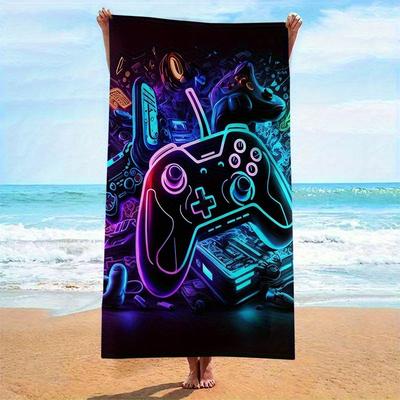 Telo da Spiaggia a Tema Gaming, Design Controller di Gioco al Neon Asciugatura Rapida Leggero per Surf Nuoto Yoga