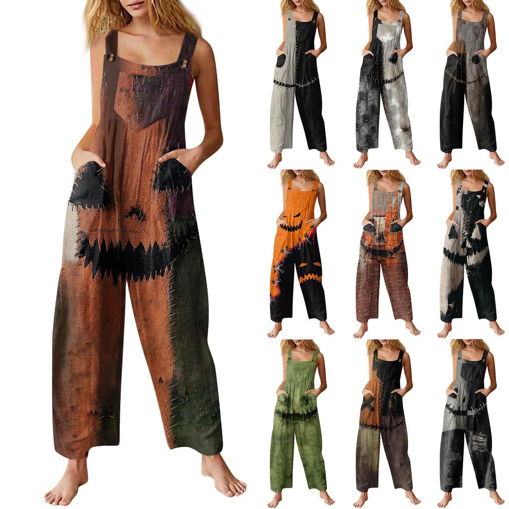 Women's Fashion Halloween Print Casual Vintage Sleeveless Button Jumpsuit