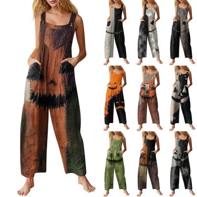 Women's Fashion Halloween Print Casual Vintage Sleeveless Button Jumpsuit