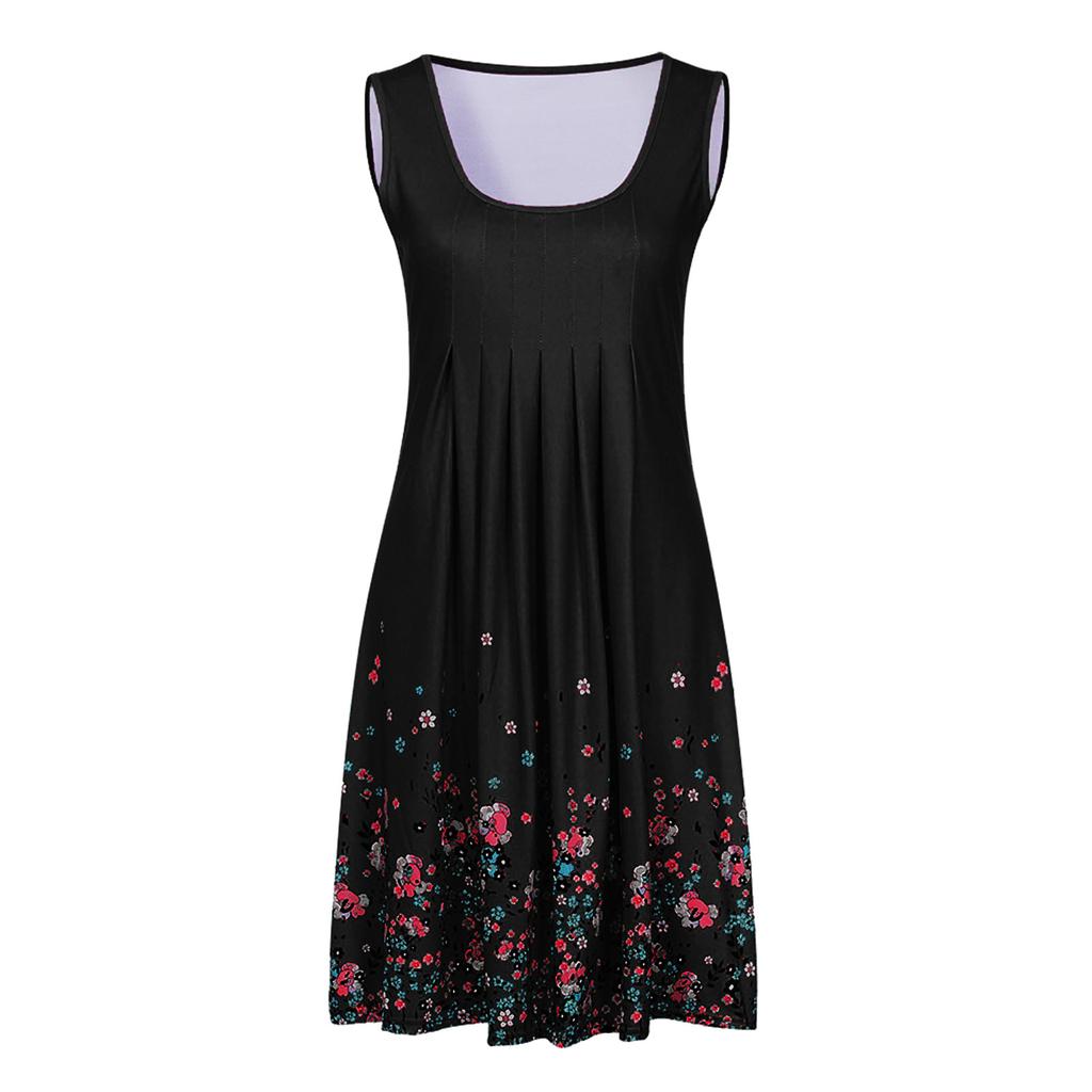 Women's Summer Loose Casual Skirt Print Chest Pleated  Sleeveless Dress