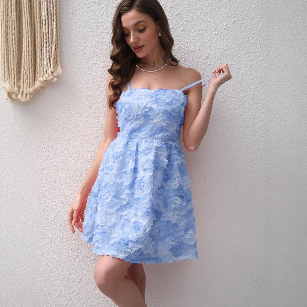 2026 European and American summer new three-dimensional rose embroidery temperament sweet suspender strap bow dress skirt women
