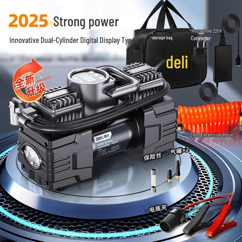 Deli 12V Portable Car Air Pump with Tire Pressure Gauge