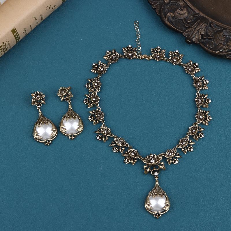 1Set Medieval Vintage Luxury Suit Earrings Zircon Flowers Pendant Pearl Retro Necklace Jewelry Gift For Women Ornament