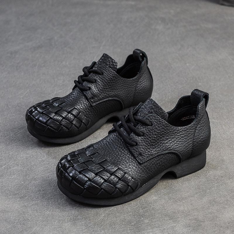 Johnature Genuine Leather Comfortable Pumps Retro Solid Color Commuting Versatile Casual Women's Shoes