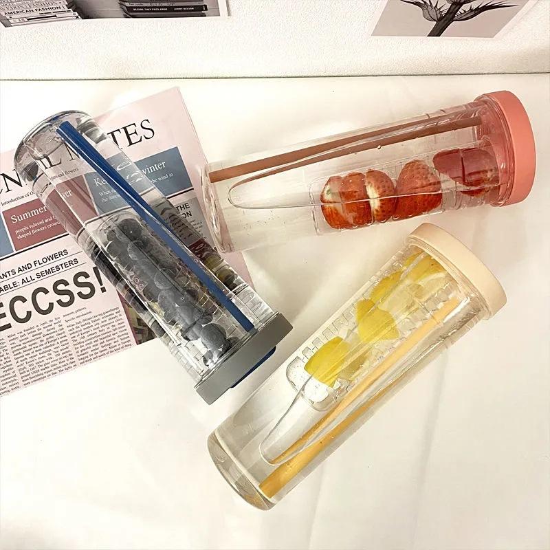 Plastic Water Bottle Portable With Straws Fruit Infuser Tea Juice Cup Fitness Sport Outdoor Travel Bottles Kettle Transparent