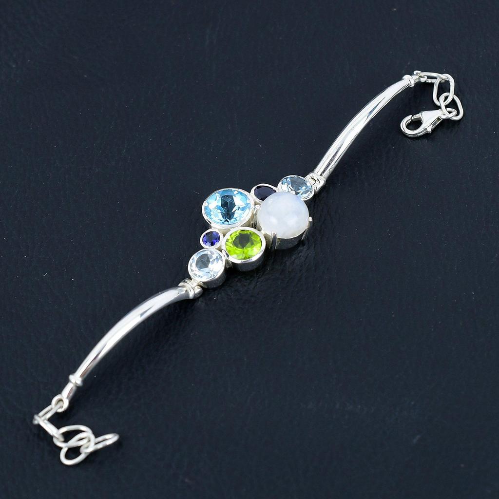 Natural Blue Topaz & Moonstone Gemstone Bracelet, Solid 925 Sterling Silver, Handmade Bracelet Jewerly Gift For Women & Girls