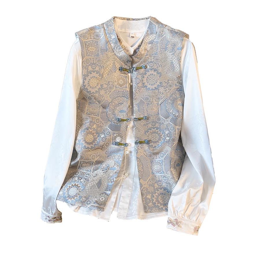 Elegant Chinese Stand Collar Embroidered Jacquard Satin Vest for Women
