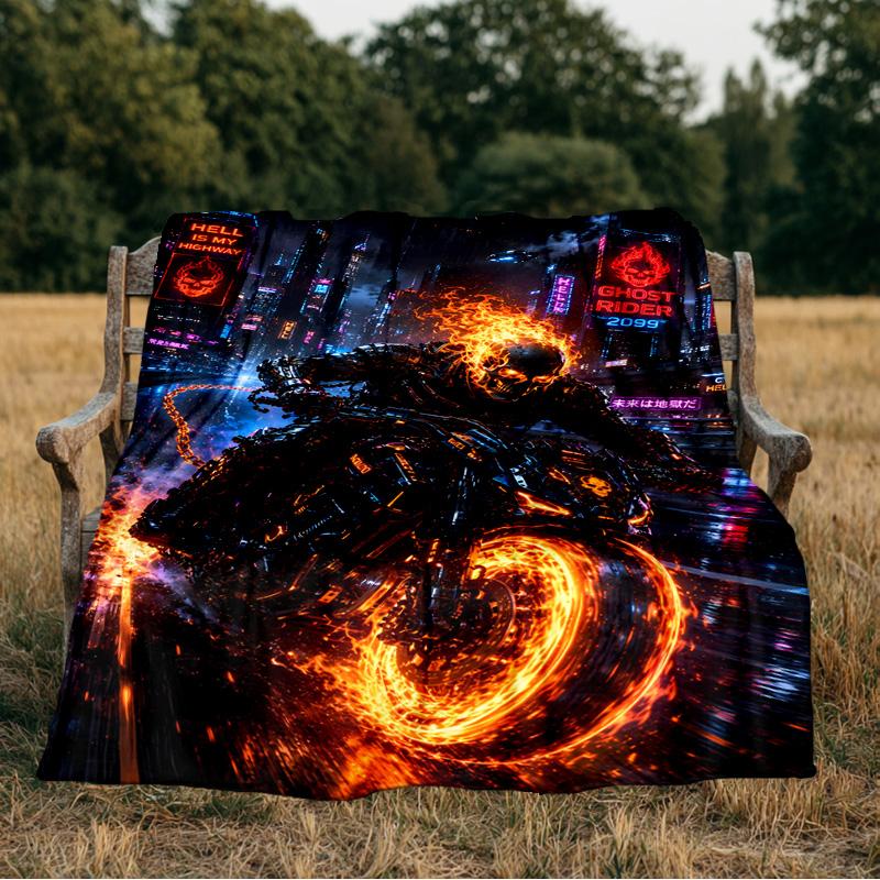 Ghost-Rider On Fire Blanket Flannel Throw for Sofa, Indoor, Camping, Living Room, Office, Chair, And Bed Soft Birthday Gift