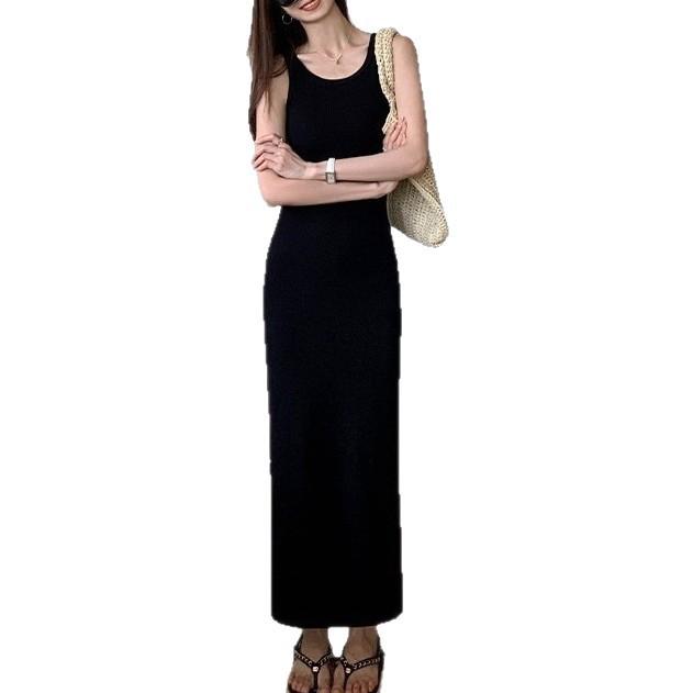 Salt sweet wind summer solid color off-the-shoulder sleeveless U-neck vest skirt long dress women's slim straight dress