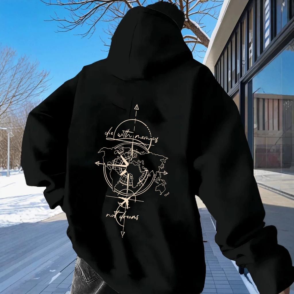 Men's hooded sweater map compass print loose pullover hoodie travel style casual men's wear