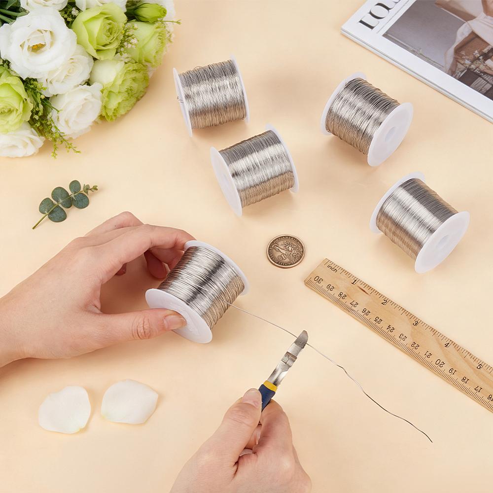 5 Rolls 5 Sizes Soft Stainless Steel Wire, Round, Non-Tarnish, Stainless Steel Color, 0.2~0.6mm, 22~28 Gauge, 1 Roll/size, 5 Sizes, 5 Rolls/set