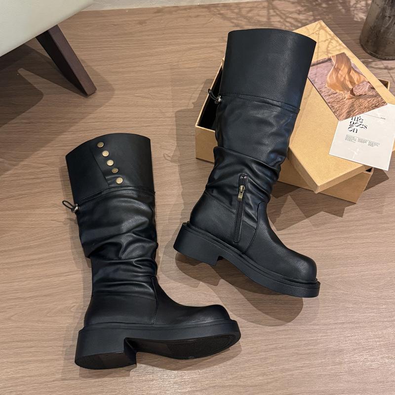 

Leather pleated pile boots two wear brown boots women 2025 thick sole but knee small tall knight boots 35